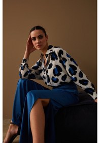 Resim Sateen Renkli Leopar Desenli Salaş Gömlek - Sax Mavi Saks 