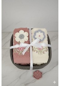 Resim Çiçek Nakışlı Örgü Sepetli 2'li Premium El Ve Yüz Havlu Seti %100 Pamuk Yumuşak Doku Çok Renkli 