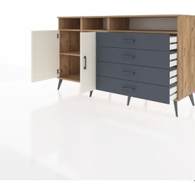 Resim Kronos Konsol 5 Raflı 4 Çekmeceli 2 Kapaklı 176x59x99 Çam-aytaşı/antrasit Aytası/antrasıt - Atlas Çam 