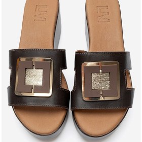 Resim Luvishoes Hıola Kahverengi Hakiki Deri Tokalı Kadın Dolgu Topuklu Terlik 
