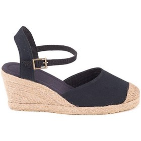 Resim Topuğu Açık Burnu Hasırlı Bilekten Bantlı Dolgu Topuk Keten Hasır Kadın Espadril Siyah 