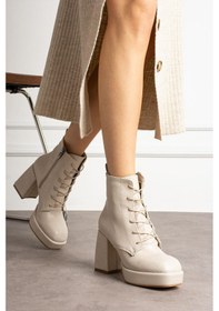 Resim Shoetek Larinka Kadın Bot Kalın Topuklu Bağcıklı Bej Deri Bej Cilt 