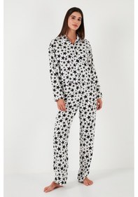 Resim Lela Desenli Rahat Kesim Bol Paça Yazlık Bayan Pijama Takımı 6110014 Beyaz 