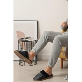 Resim Oksit Bets Pofuduk Suni Deri Erkek Ev Terliği İç Kürklü Ses Yapmaz Taban Konforlu Misafir Terliği 