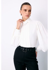 Resim Sateen Nervür Detaylı Bluz - Ekru-135423 Ekru 