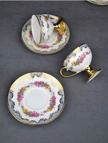 Resim 2 Kişilik Porselen Pembe Çiçekli Vintage Gold Ayaklı Kahve Fincan Takımı 90 Ml 