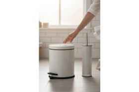 Resim İsaoğlu Yapı Beyaz Banyo Çöp Kovası Seti Klozet Fırçası ve Çöp Kovası Paslanmaz Malzeme Beyaz Renk Banyo Seti 