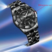Resim Banbony Kuvars Saat - Lüks IPX7 Su Geçirmez Paslanmaz Çelik Kayış, Luminous Ekran, Rhinestone Detaylar, Tarih ve Gece Işığı, Minimalist Siyah Kadran, Mükemmel Hediye, Rahat Saat, Zarif Saat, Yüksek Kaliteli El Sanatları Erkekler ve Kadınlar İçin Uygun. 