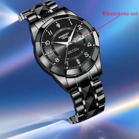 Resim Banbony Kuvars Saat - Lüks IPX7 Su Geçirmez Paslanmaz Çelik Kayış, Luminous Ekran, Rhinestone Detaylar, Tarih ve Gece Işığı, Minimalist Siyah Kadran, Mükemmel Hediye, Rahat Saat, Zarif Saat, Yüksek Kaliteli El Sanatları Erkekler ve Kadınlar İçin Uygun. 