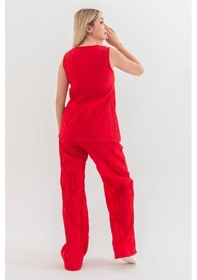 Resim Bold & Young Kraşlı Cepli Beli Lastikli Viskon Polyester Dokuma Pantolon Kırmızı 