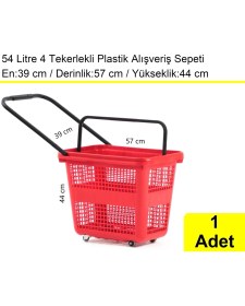 Resim Akdenizpos Tekerlekli Plastik Market Alışveriş El Sepeti 54 Litre Kırmızı 1 Adet 
