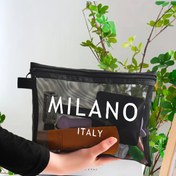 Resim 1 Paket Milano İtalya Baskılı File Kozmetik Çantası - Siyah Dayanıklı Polyester Seyahat Tuvalet Organizatörü Fermuarlı Kapama ile Taşınabilir Makyaj Saklama Torbası Seyahat Gereksinimleri için, Arkadaşlar ve Öğretmenler için Mükemmel Hediye, Şık Tasarım | Sağlam Fermuarlı Kapama, Tuvalet Seyahat Çantası 