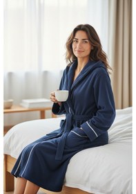 Resim % 100 Pamuklu Laodikeia Kapşonlu Unisex Kadın Erkek Bornoz Lacivert 