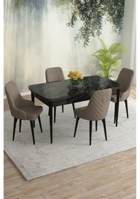 Resim Meri Serisi 80x132 Açılabilir Mdf Siyah Mermer Desen Masa Takımı 4 Lacivert Sandalye Cappucino 