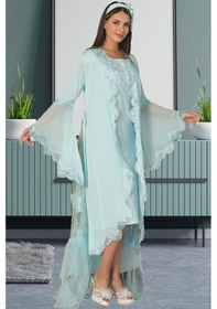 Resim Mecit Pijama By Mecit 5026 Turkuaz Tül Detaylı Sabahlıklı Lohusa Gecelik Takım 