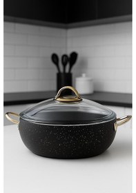 Resim Yunusoğlu Home Granit Tencere 24 Cm 4.5 Litre, Gold Kulplu, Yanmaz Yapışmaz, Cam Kapaklı Siyah 