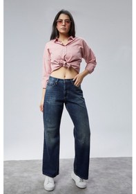 Resim Cedy Denım Yüksek Kalite Kadın Palazzo Yüksek Bel Cotton Jean Pantolon Koyu Mavi 