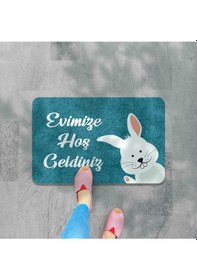 Resim Dijital Baskılı Kapı Önü Paspas Hoşgeldiniz Yazılı Çiçek Desen Ve Tavşan Iç Ve Dış Kapı Yıkanabilir Açık Mavi 