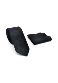 Resim Gaffy Şal Desenli Siyah Dokuma Kumaş Mendilli Slim Fit Kravat // Sdk-2512-1 Siyah 