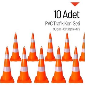 Resim Pvc Trafik Konisi 90 Cm Çift Reflektikli 10 Adet Trafik Dubası 