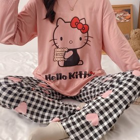 Resim İlkbahar ve Sonbahar Rahat Günlük Konforlu Pijama Takımı, Sevimli Merhaba Kitty Desenli Pijamalar, Stil Ev Giyim Takım Elbise - Sanrio 