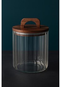 Resim Qerhome Borosilikat Cam Optik Çizgili Akasya Kapaklı Kavanoz Zahire 1750 Ml Şeffaf 