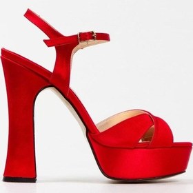 Resim Kadın Moda Şık Kırmızı Saten Klasik Ayakkabı Kalın Aynalı Ökçe Düğün Nişan Gece Abiye Ayakkabı Kırmızı 