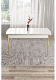 Resim Canisa Tia Serisi Mdf 80x132 Açılabilir Beyaz Gold Detay Yemek Masası Takımı Ve 4 Gri Sandalye Masa Beyaz Sandalye Gri 