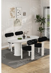Resim Avvio Lora Serisi Bohem Ayak 4'lü Metal Pofi Demonte Sandalye 80x140 Masa Sandalye Takımı Beyaz Masa Sandalye Beyaz Kumaş Siyah 