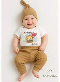 Resim Babyden's Abisinin Aslanı Yazılı 3 Lü Bebek Takımı %100 Pamuklu Çıtçıtlı Zıbın, Şapka Ve Fitilli Pantolon Set Kahverengi 