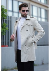 Resim Erkek Premium Apoletli Deri Trençkot & Pardesü Krem 