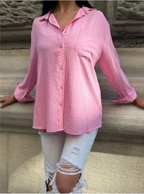 Resim WeShaya Pembe Oversize Kırışık %100 Polyester Gömlek Pembe 