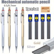 Resim 7 parça/set yeni altın gümüş mekanik eskiz otomatik kalem, 0.5/0.7mm siyah HB grafit değiştirilebilir uç kırılmaz, resim çizmek için uygun sanatçılar için ofis kırtasiye malzemeleri (2 kalem+4 kutu ucu+1 silgi) 