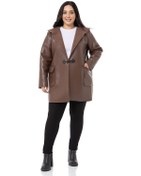 Resim Büyük Beden Kapaklı Cepli Kapüşonlu Çoban Düğmeli İçi Kürklü Kahverengi Deri Kaban-kahverengi Kahverengi 