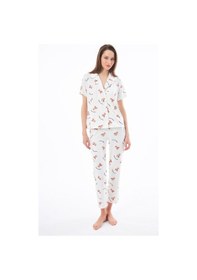 Resim Cottonhill Premium Kadın Pijama Takımı Ayıcık Desenli Yumuşak Dokulu Kısa Kollu Gömlek Yaka Krem 