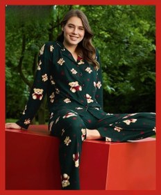 Resim Pijamoni Kadın Süet Önden Düğmeli Likralı Pijama Takımı 9 - 1 Adet 001 