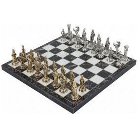 Resim Lüks Metal Satranç Takımı Krom Kaplama Osmanlı Vs Bizans Orduları Siyah Mermer Desenli Tahta 20 Cm 