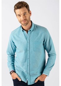 Resim Tudors Erkek Klasik Fit Normal Kesim Uzun Kollu Pamuklu Oxford Doku Petrol Renk Düğmeli Yaka Gömlek-22197-petrol Petrol 