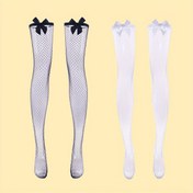 Resim 1 Çift Şık Siyah & Beyaz Balık Ağı Uyluk Yüksek Çoraplar Seksi Dantel Fiyonk Detaylı - Nefes Alabilen, Şeffaf Naylon/Polyester Karışımı, Çoğu Bedene Uyar (40-60kg, 155-170cm) - Elde Yıkanabilir 