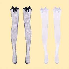 Resim 1 Çift Şık Siyah & Beyaz Balık Ağı Uyluk Yüksek Çoraplar Seksi Dantel Fiyonk Detaylı - Nefes Alabilen, Şeffaf Naylon/Polyester Karışımı, Çoğu Bedene Uyar (40-60kg, 155-170cm) - Elde Yıkanabilir 