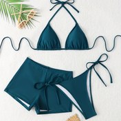 Resim 3 Parça Set İki Parçalı Alt Üçgen Bikini Seti, Yüksek Kesim Düz Renkli İki Parçalı Mayo, Külot, Kadın Mayo ve Giyim 