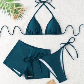 Resim 3 Parça Set İki Parçalı Alt Üçgen Bikini Seti, Yüksek Kesim Düz Renkli İki Parçalı Mayo, Külot, Kadın Mayo ve Giyim 