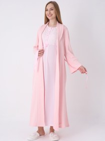 Resim Hamile Gecelik ve Sabahlık Takımı - Lohusa Gecelik Seti, Dantel Detaylı Pamuk Viskon - Pembe / 2XL / Terlik ve Taç Seti İstemiyorum 