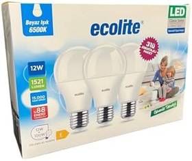 Resim Ecolite 12W LED Ampul 3’lü Paket | 1521 Lümen, 6500K Beyaz Işık, 100W Eşdeğer, E27 Duy, Enerji Tasarruflu, 220V, Dim Edilemez 