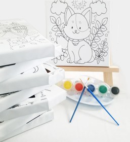 Resim 3'lü Çocuk Ressam Seti - 3 Ad. 20 x 20 cm Ön çizimli Tuval, 2 Ad. Fırça, Palet, Boya ve Şövale 