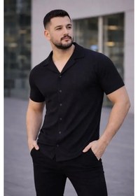 Resim Uslucan Alışveriş Erkek Waffle Kumaş Kısa Kollu Düğmeli Açık Yaka Regular Fit Gömlek - Siyah Siyah 