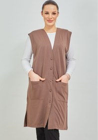 Resim Elçelya Moda Kadın Vizon Uzun Cepli Düğmeli Penye Anne Büyük Beden Tunik Yelek 