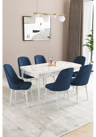 Resim Sar Pakete Almira Serisi, Beyaz Mermer Desen 80x132 Açılabilir Mdf Mutfak Masası Takımı 6 Adet Sandalye Lacivert 
