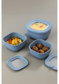 Resim Kare 3 Parça Vakumlu Sızdırmaz Hava Almaz Saklama Kabı Seti Mavi 1800/1100/600 Ml Mavi 