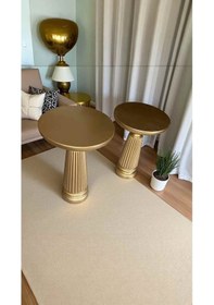 Resim Ahşap Mantar Sehpa 2 Li Set Altın Varak Renk Yan Sehpa Takımı - Mushroom Coffee Table Altın 